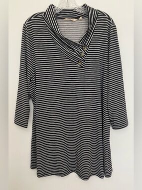 Soft Surroundings Black White Strip Tunic 2X Cowl Neck Comfy Popover Knit